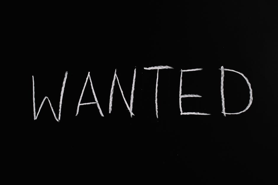 A piece of black paper or fabric background with the word 'WANTED' written in white chalk or chalk-like marker. The handwriting is large, slightly uneven, and casual, with a minimalist style. The letters are uppercase, with the 'A' and 'T' displaying notable angularity and the 'D' rounded at the edges. The background is uniformly dark, providing high contrast to the bright white text, making the word clearly visible. There are no additional objects, images, or contextual elements present, focusing solely on the handwritten message. This type of signage could be associated with notices or signs related to searches, recoveries, or advertisements. Although the image itself does not explicitly involve rubbish removal or waste management, it may visually connect to notices or signs placed in environments where information about items or persons is communicated. The simple composition emphasizes clarity and directness, suitable for accessibility and visual recognition in various contexts.
